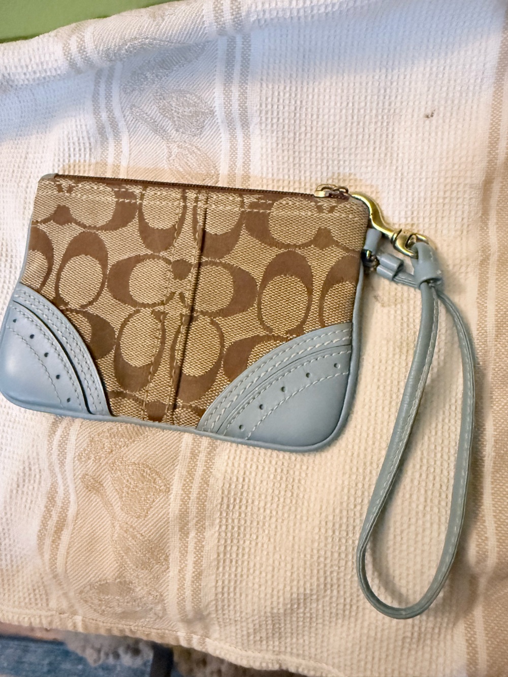 Coach Beige Signature Canvas Wristlet with Light Blue Trim
